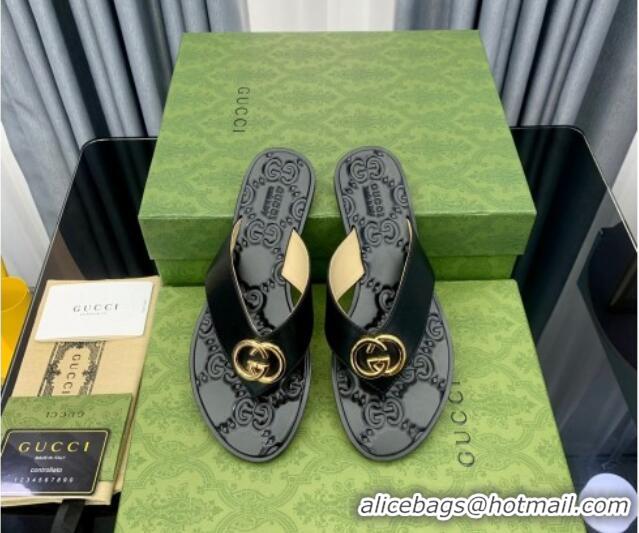 Perfect Gucci Leather Flat Thong Sandals with Interlocking G Black/Gold 091247