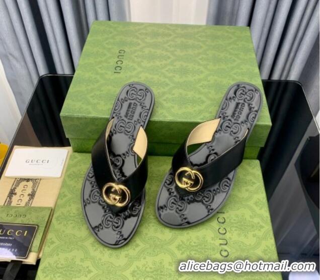 Perfect Gucci Leather Flat Thong Sandals with Interlocking G Black/Gold 091247