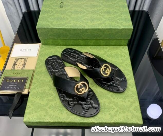 Perfect Gucci Leather Flat Thong Sandals with Interlocking G Black/Gold 091247