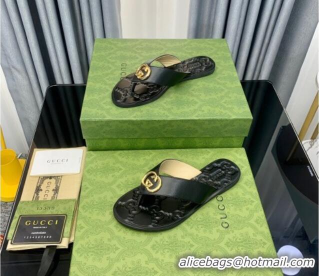 Perfect Gucci Leather Flat Thong Sandals with Interlocking G Black/Gold 091247