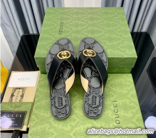 Perfect Gucci Leather Flat Thong Sandals with Interlocking G Black/Gold 091247