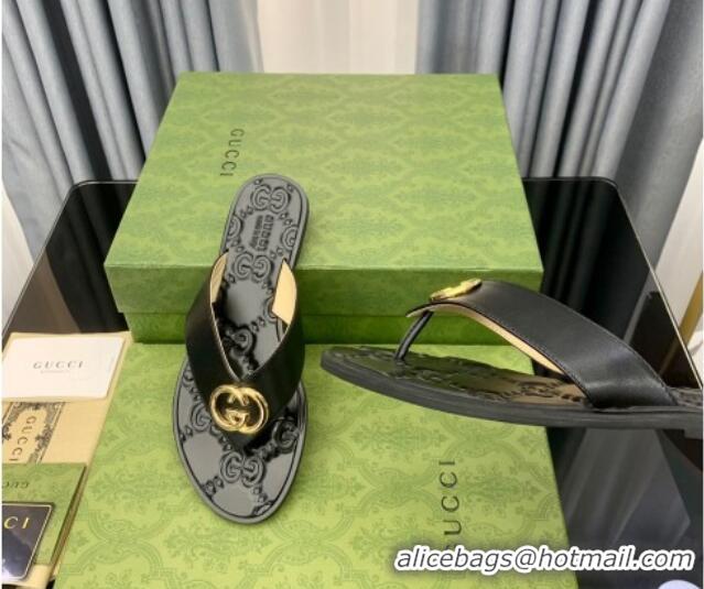 Perfect Gucci Leather Flat Thong Sandals with Interlocking G Black/Gold 091247