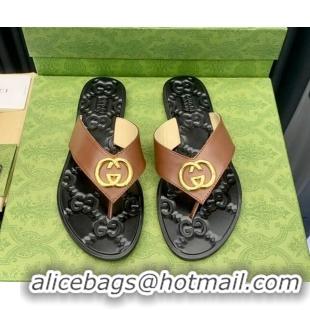 Good Quality Gucci Leather Flat Thong Sandals with Interlocking G Brown 091248