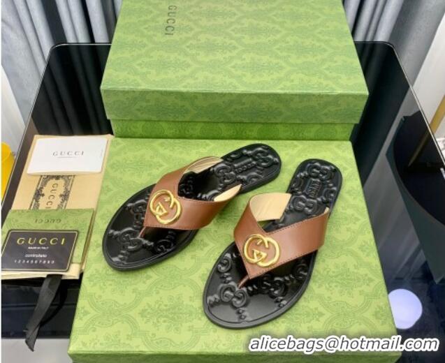 Good Quality Gucci Leather Flat Thong Sandals with Interlocking G Brown 091248