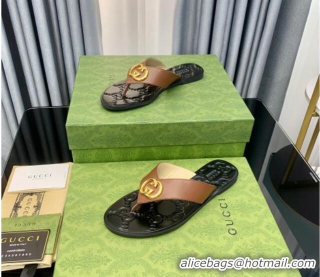 Good Quality Gucci Leather Flat Thong Sandals with Interlocking G Brown 091248