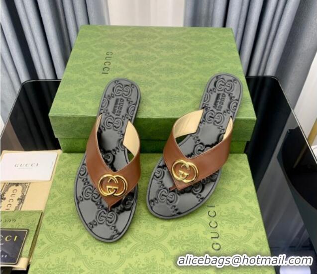 Good Quality Gucci Leather Flat Thong Sandals with Interlocking G Brown 091248