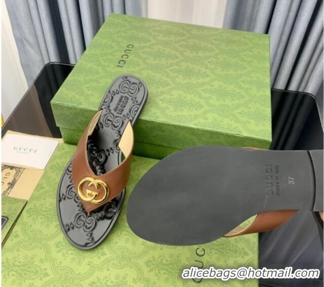 Good Quality Gucci Leather Flat Thong Sandals with Interlocking G Brown 091248