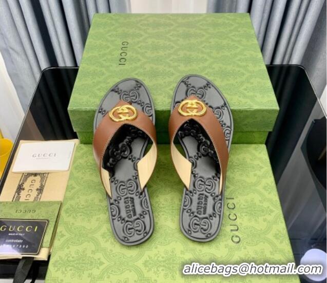 Good Quality Gucci Leather Flat Thong Sandals with Interlocking G Brown 091248