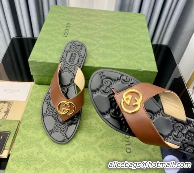 Good Quality Gucci Leather Flat Thong Sandals with Interlocking G Brown 091248