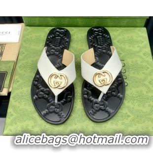 Discount Gucci Leather Flat Thong Sandals with Interlocking G White 091249