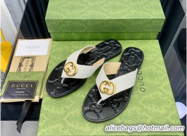 Discount Gucci Leather Flat Thong Sandals with Interlocking G White 091249