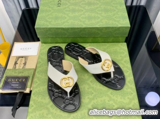 Discount Gucci Leather Flat Thong Sandals with Interlocking G White 091249