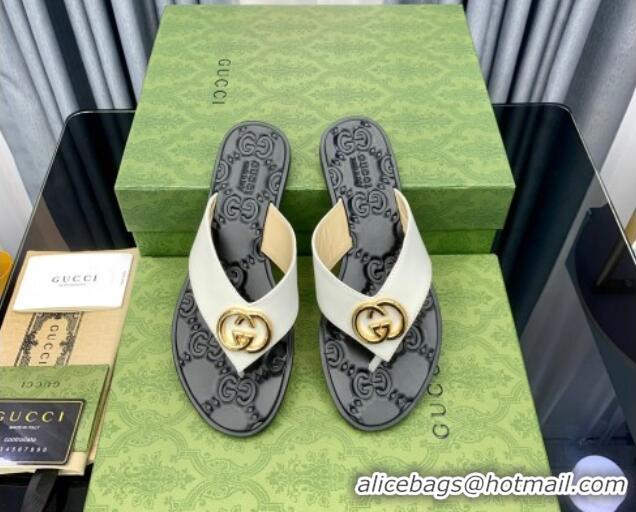 Discount Gucci Leather Flat Thong Sandals with Interlocking G White 091249