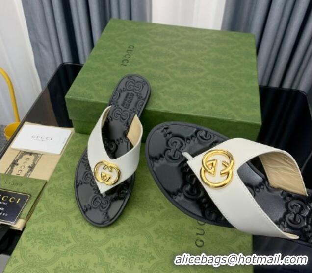 Discount Gucci Leather Flat Thong Sandals with Interlocking G White 091249