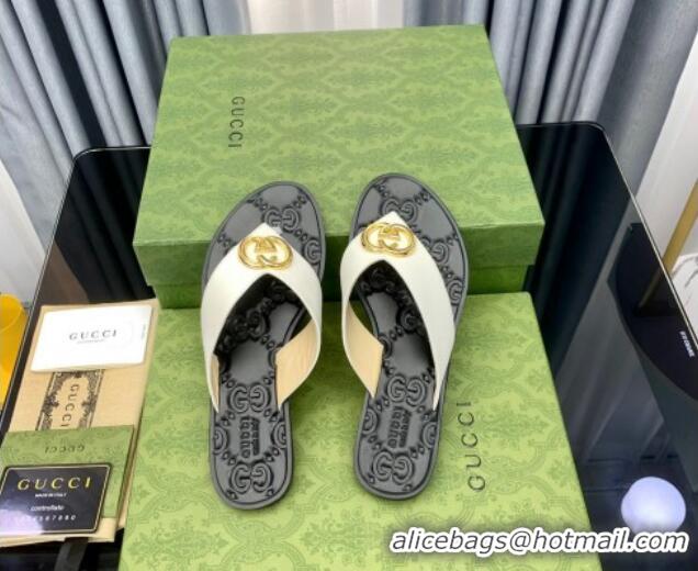 Discount Gucci Leather Flat Thong Sandals with Interlocking G White 091249