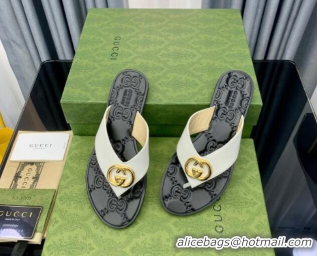 Discount Gucci Leather Flat Thong Sandals with Interlocking G White 091249