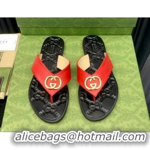 Grade Quality Gucci Leather Flat Thong Sandals with Interlocking G Red 091250