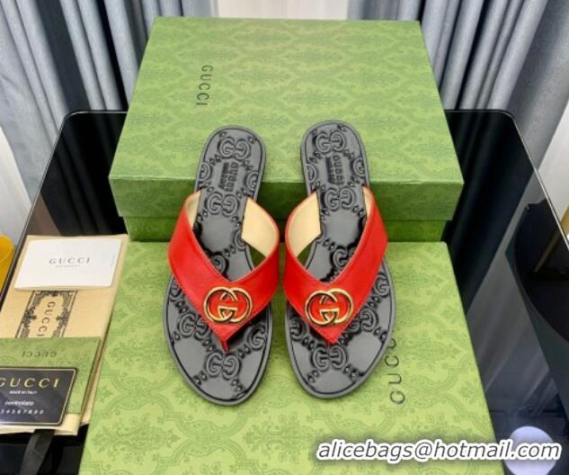 Grade Quality Gucci Leather Flat Thong Sandals with Interlocking G Red 091250