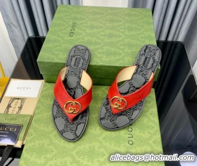 Grade Quality Gucci Leather Flat Thong Sandals with Interlocking G Red 091250