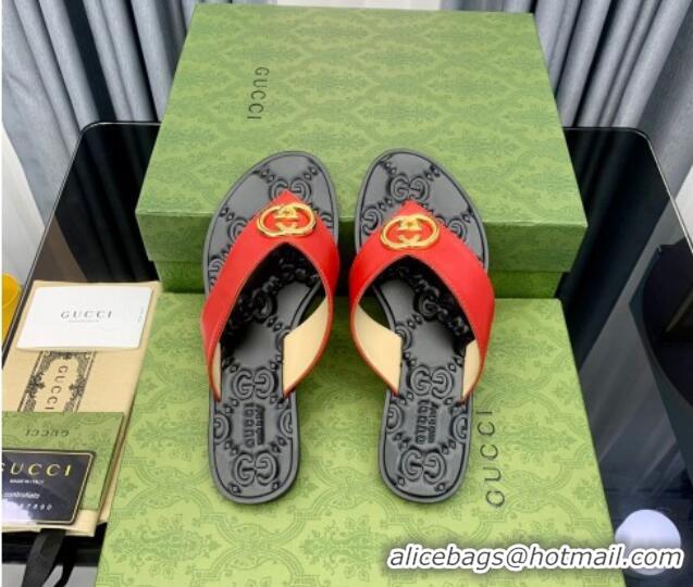 Grade Quality Gucci Leather Flat Thong Sandals with Interlocking G Red 091250