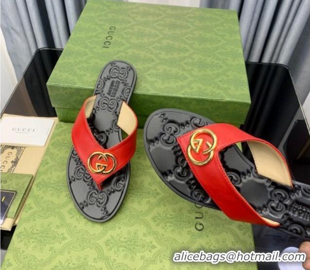 Grade Quality Gucci Leather Flat Thong Sandals with Interlocking G Red 091250