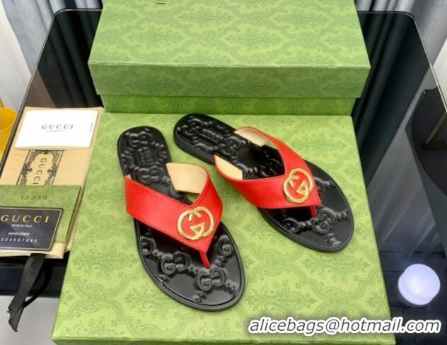 Grade Quality Gucci Leather Flat Thong Sandals with Interlocking G Red 091250