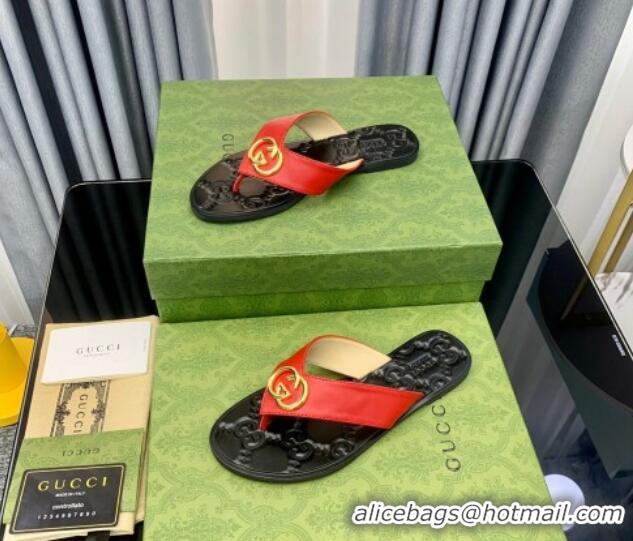 Grade Quality Gucci Leather Flat Thong Sandals with Interlocking G Red 091250