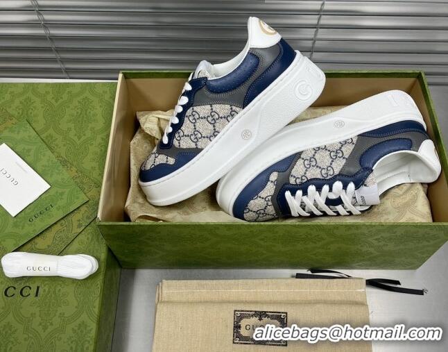 Classic Hot Gucci GG Canvas and Leather Sneakers Navy Blue 092166