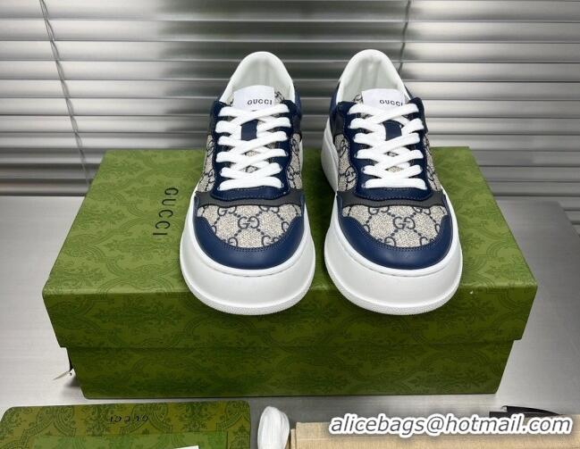 Classic Hot Gucci GG Canvas and Leather Sneakers Navy Blue 092166