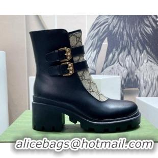 Good Looking Gucci GG Canvas and Leather Ankle Boots with Crystal Buckle Black/Beige 092170