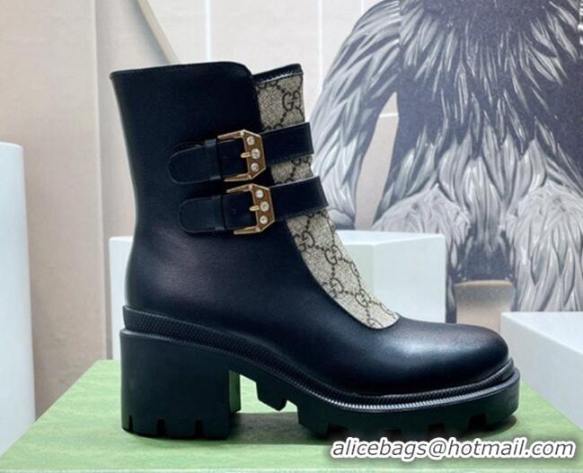 Good Looking Gucci GG Canvas and Leather Ankle Boots with Crystal Buckle Black/Beige 092170