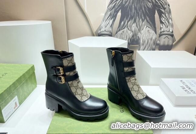 Good Looking Gucci GG Canvas and Leather Ankle Boots with Crystal Buckle Black/Beige 092170