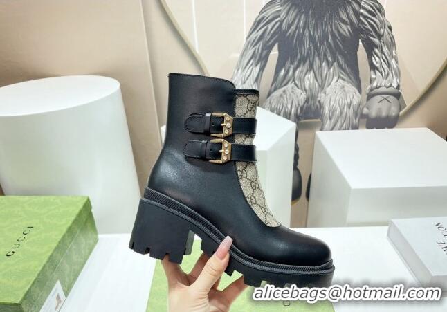 Good Looking Gucci GG Canvas and Leather Ankle Boots with Crystal Buckle Black/Beige 092170