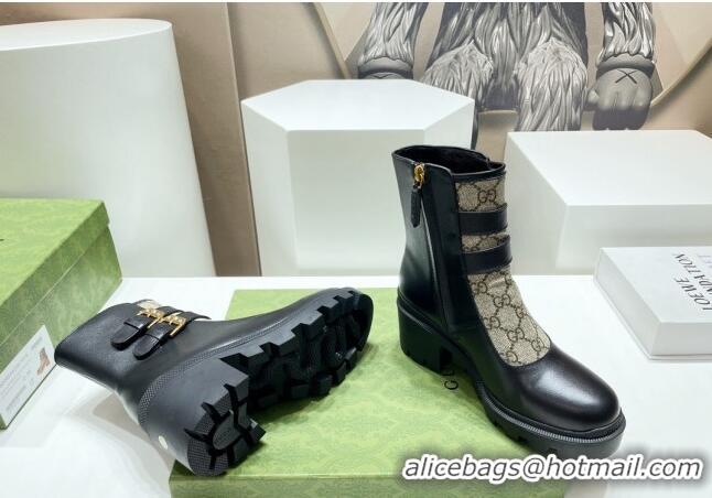 Good Looking Gucci GG Canvas and Leather Ankle Boots with Crystal Buckle Black/Beige 092170