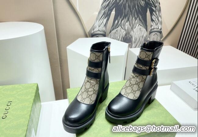 Good Looking Gucci GG Canvas and Leather Ankle Boots with Crystal Buckle Black/Beige 092170