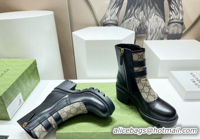 Good Looking Gucci GG Canvas and Leather Ankle Boots with Crystal Buckle Black/Beige 092170