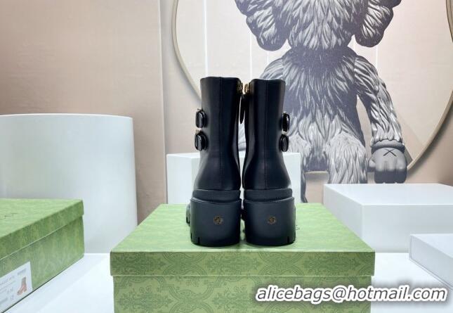 Good Looking Gucci GG Canvas and Leather Ankle Boots with Crystal Buckle Black/Beige 092170