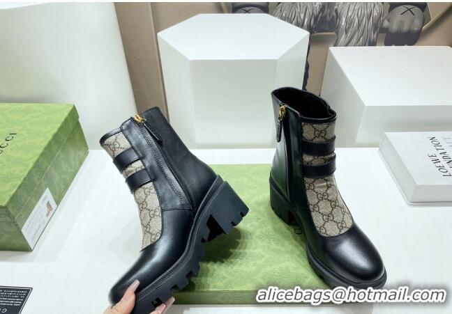 Good Looking Gucci GG Canvas and Leather Ankle Boots with Crystal Buckle Black/Beige 092170