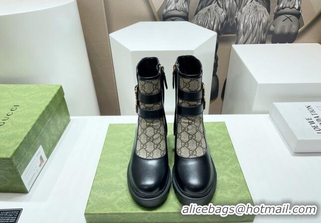 Good Looking Gucci GG Canvas and Leather Ankle Boots with Crystal Buckle Black/Beige 092170