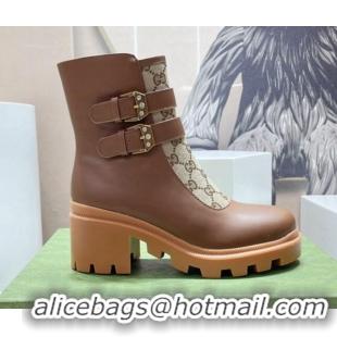 Best Grade Gucci GG Canvas and Leather Ankle Boots with Crystal Buckle Brown 092171