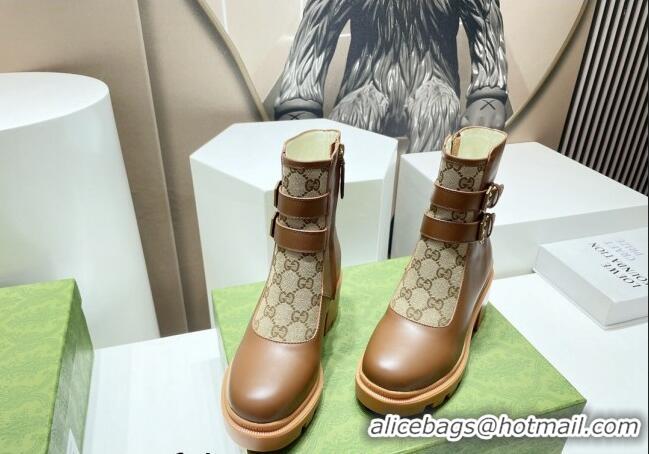 Best Grade Gucci GG Canvas and Leather Ankle Boots with Crystal Buckle Brown 092171