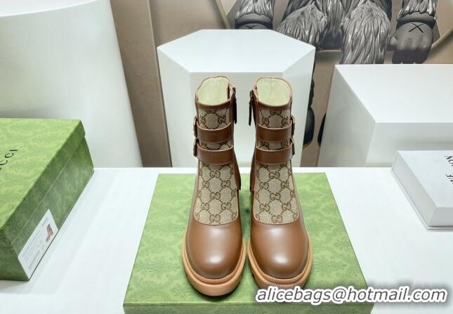 Best Grade Gucci GG Canvas and Leather Ankle Boots with Crystal Buckle Brown 092171