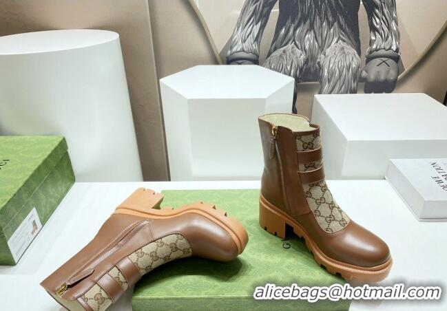 Best Grade Gucci GG Canvas and Leather Ankle Boots with Crystal Buckle Brown 092171