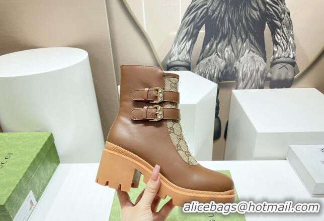 Best Grade Gucci GG Canvas and Leather Ankle Boots with Crystal Buckle Brown 092171