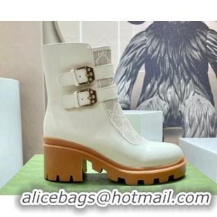 Top Grade Gucci GG Canvas and Leather Ankle Boots with Crystal Buckle White 092172