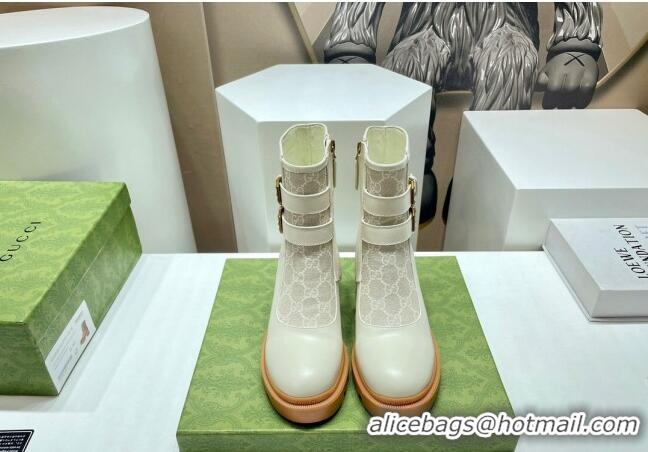 Top Grade Gucci GG Canvas and Leather Ankle Boots with Crystal Buckle White 092172