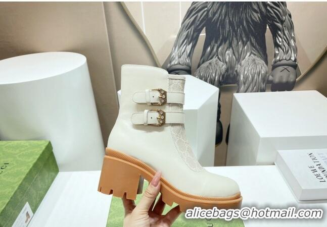 Top Grade Gucci GG Canvas and Leather Ankle Boots with Crystal Buckle White 092172