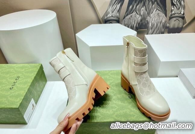 Top Grade Gucci GG Canvas and Leather Ankle Boots with Crystal Buckle White 092172