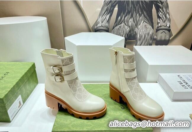 Top Grade Gucci GG Canvas and Leather Ankle Boots with Crystal Buckle White 092172