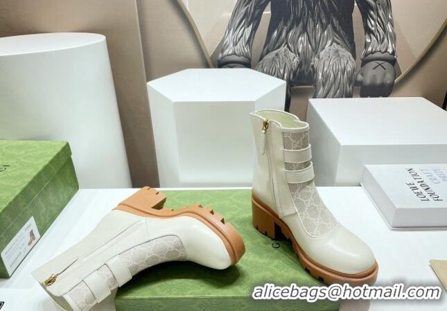 Top Grade Gucci GG Canvas and Leather Ankle Boots with Crystal Buckle White 092172